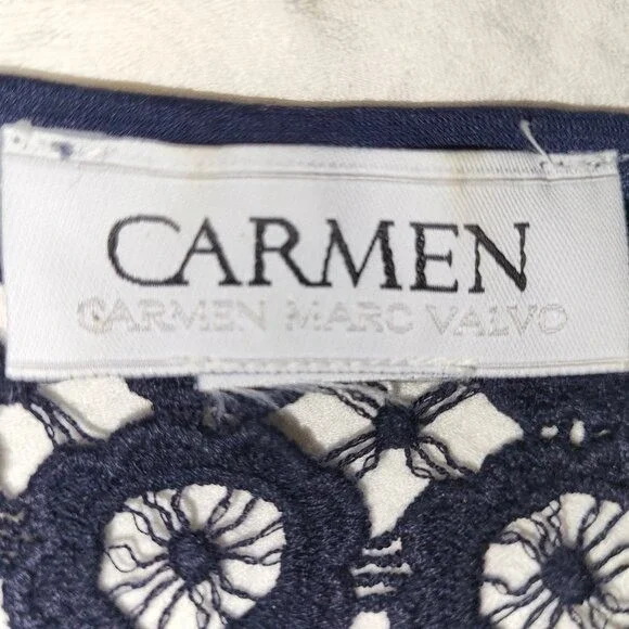 Carmen Marc Valvo Navy Blue Crochet Lace Yoke Keyhole Back Tunic Tank Blouse M - Picture 5 of 8